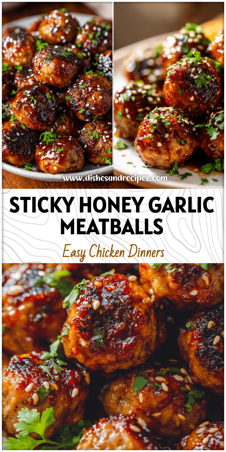 Plate of sticky honey garlic chicken meatballs glazed to perfection with herbs and sesame seeds.